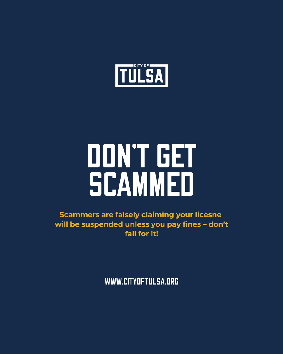 SCAM ALERT
The City of Tulsa has received multiple reports about a text message scam targeting residents. The message falsely claims to be from the “Oklahoma Department of Vehicles (DMV)” and threatens to suspend your driver’s license over an unpaid traffic ticket.

This is a
