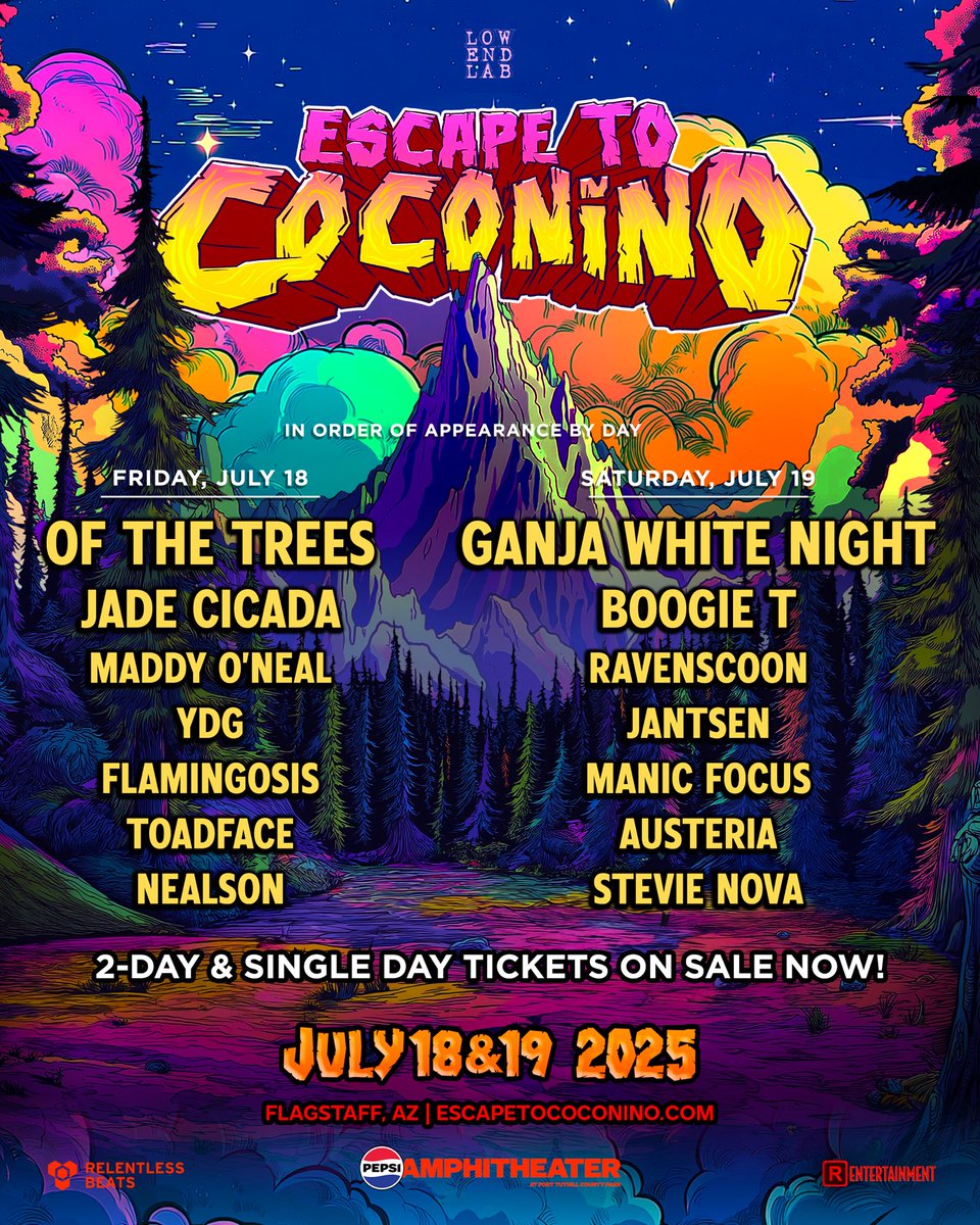 The forest is calling… and single day + 2-day tickets to Escape to Coconino are on sale now 🌲💫

July 18 &amp; 19 at Pepsi Amphitheater—your perfect weekend under the pines → escapetococonino.com 🎟️
#EscapeToCoconino #RelentlessBeats