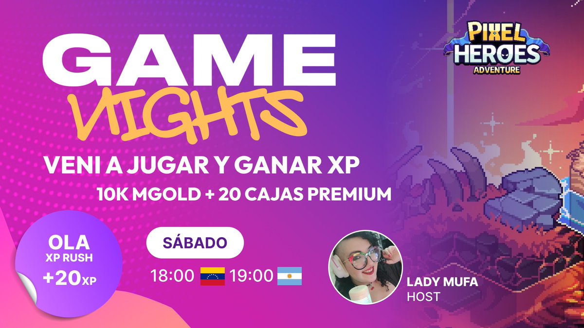 OLA Guild Games (@olaguildgames) on Twitter photo Maรฑana tenemos GameNight de <a href="/PixelHeroesMMO/">Pixel Heroes Adventure</a>
<a href="/LadyMufaTV/">ISG LadyMufa.ron | KIND โก</a> nos estarรก guiando y explicando cรณmo jugar este divertido juego. ๐ฎ
Estaremos repartiendo 10K MGOLD, 20 cajas premium y 20 XP para el OLA RUSH. ยกNo te lo pierdas!
๐บ twitch.tv/ladymufa Maรฑana tenemos GameNight de <a href="/PixelHeroesMMO/">Pixel Heroes Adventure</a>
<a href="/LadyMufaTV/">ISG LadyMufa.ron | KIND โก</a> nos estarรก guiando y explicando cรณmo jugar este divertido juego. ๐ฎ
Estaremos repartiendo 10K MGOLD, 20 cajas premium y 20 XP para el OLA RUSH. ยกNo te lo pierdas!
๐บ twitch.tv/ladymufa