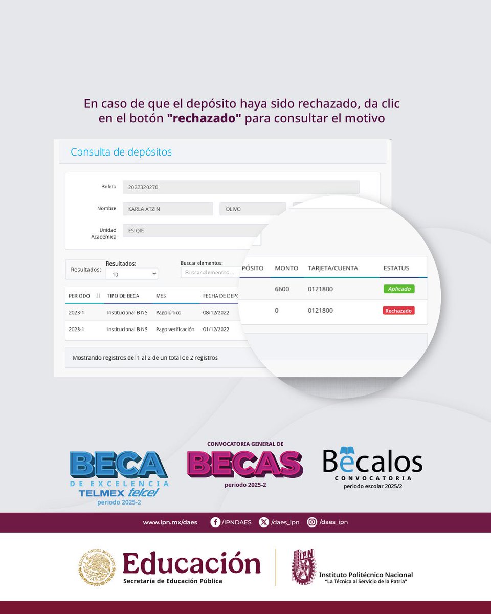 ‼️ Ya puedes consultar el estatus de tu beca en SIBec ‼️
¿No sabes si ya se realizó el depósito?
Ingresa con tu boleta y sigue estos pasos para revisar si fue aplicado o rechazado.
💻🔍 ¡Infórmate y no te quedes con la duda!
#BecasIPN #ApoyoEstudiantil #SoyPolitécnico