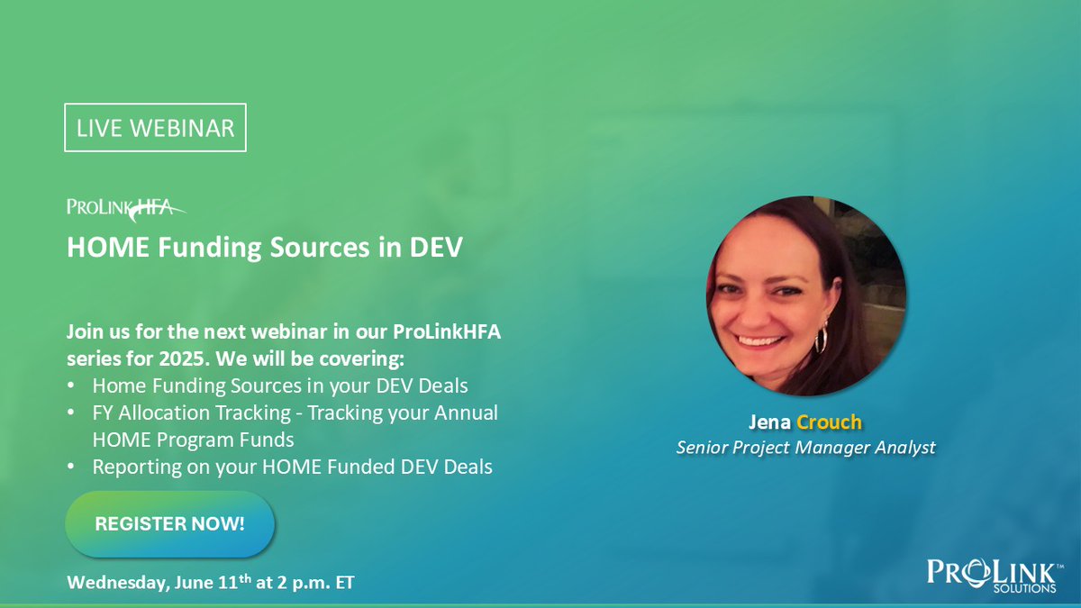 Join us on Wednesday, June 11th at 2PM ET for the next session in our ProLinkHFA webinar series for 2025. Jena Crouch, Senior Project Manager Analyst at ProLink will be hosting.

Click the link and register today! us06web.zoom.us/webinar/regist…
#AffordableHousing #Multifamily