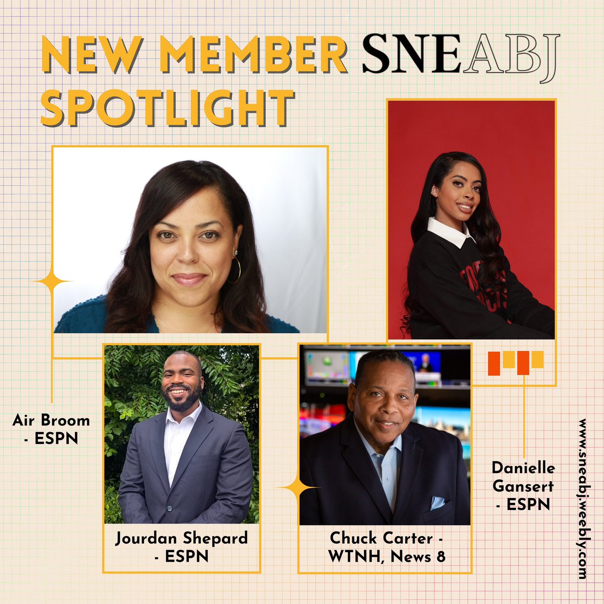 SNEABJ's tweet image. We are thrilled to spotlight & welcome several talented journalists to our chapter! Joining us in our mission & commitment to black excellence in journalism!
For current members & those interested: Join/renew your membership for 2025-26:
sneabj.weebly.com/membership.html
#SNEABJ #NABJ