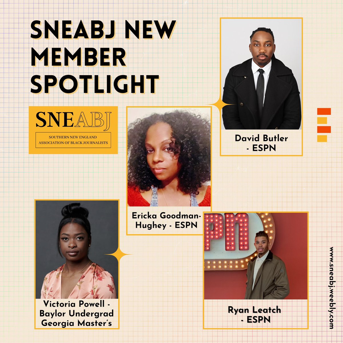 SNEABJ's tweet image. We are thrilled to spotlight & welcome several talented journalists to our chapter! Joining us in our mission & commitment to black excellence in journalism!
For current members & those interested: Join/renew your membership for 2025-26:
sneabj.weebly.com/membership.html
#SNEABJ #NABJ