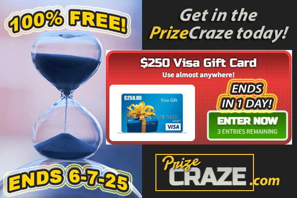 ⏳Only one day left to submit your FREE ENTRIES for the chance to be the lucky #winner of our $250 Visa Gift Card #Giveaway!🎁

If you 💝LOVE #winning FREE PRIZES...
👇
Get in the PrizeCraze today: ow.ly/S0pb50W5uRT