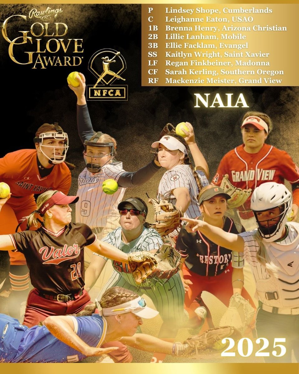National Fastpitch Coaches Association (@nfcaorg) on Twitter photo ๐จAWARDS ALERT: Congratulations to the 2025 NAIA <a href="/RawlingsSB/">Rawlings Softball</a> Gold Glove Award recipients, presented by the NFCA! ๐ฅ
<a href="/Patriots_UC_SB/">UC Patriots SB</a> <a href="/USAOsoftball/">USAO Softball</a> <a href="/ACUSoftball/">Arizona Christian Univ Softball</a> <a href="/UMobileRams/">University of Mobile Rams Athletics</a> <a href="/EUSoftball/">Evangel Softball</a> <a href="/SXUsoftball/">SXU Softball</a> <a href="/MUCrusadersSB/">Madonna Softball</a> <a href="/SOU_Softball/">SOU Softball</a> <a href="/GVU_Softball/">Grand View University Softball</a>
๐ bit.ly/4kv0I5z ๐จAWARDS ALERT: Congratulations to the 2025 NAIA <a href="/RawlingsSB/">Rawlings Softball</a> Gold Glove Award recipients, presented by the NFCA! ๐ฅ
<a href="/Patriots_UC_SB/">UC Patriots SB</a> <a href="/USAOsoftball/">USAO Softball</a> <a href="/ACUSoftball/">Arizona Christian Univ Softball</a> <a href="/UMobileRams/">University of Mobile Rams Athletics</a> <a href="/EUSoftball/">Evangel Softball</a> <a href="/SXUsoftball/">SXU Softball</a> <a href="/MUCrusadersSB/">Madonna Softball</a> <a href="/SOU_Softball/">SOU Softball</a> <a href="/GVU_Softball/">Grand View University Softball</a>
๐ bit.ly/4kv0I5z