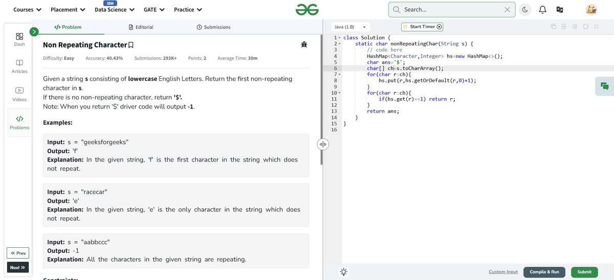 aryaniscoding's tweet image. ✅ Day 16 of #GFG160DaysChallenge
🔍 Problem: First Non-Repeating Character
🧠 Used HashMap to track frequency
⏩ Returned first unique character in O(n)
#Java #DSA #GeeksForGeeks #CodeDaily #100DaysOfCode