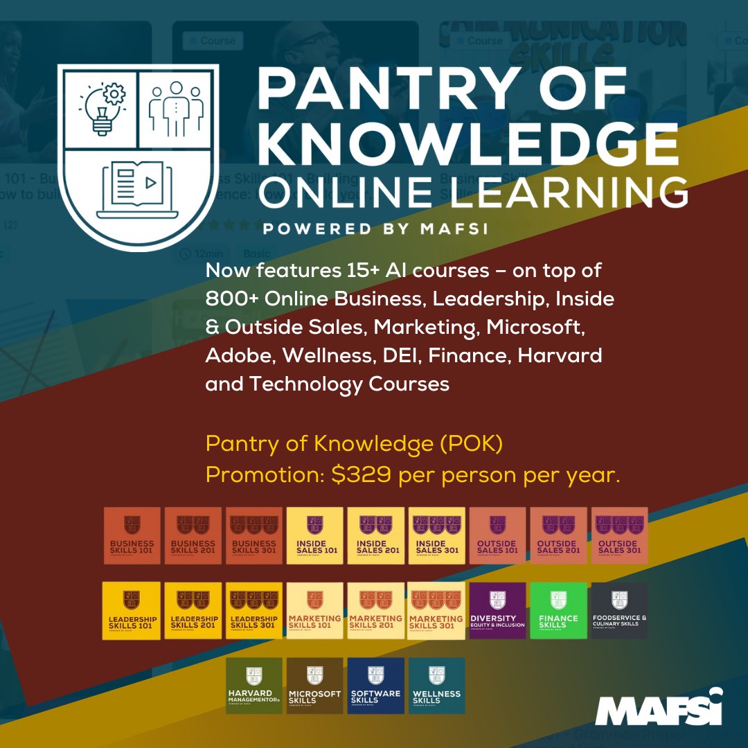 MAFSIAssoc's tweet photo. 🚀New AI Courses Just Dropped! 
MAFSI’s Pantry of Knowledge now includes 15+ new AI trainings — plus 800+ courses in sales, biz, tech &amp; more.
Train smarter. Lead stronger.
👉 https://t.co/B40lMIfTHp
#MAFSI #POK #AITraining #SalesExcellence #FoodservicePros https://t.co/neIJWMMyAp