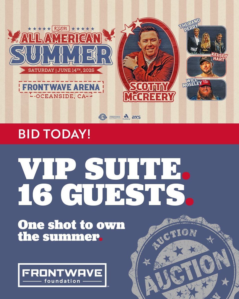 Don’t miss your chance to bid on an unforgettable night at the @ksonsandiego All American Summer Country Concert on Saturday June 14 at <a href="/FrontwaveArena/">Frontwave Arena</a> featuring @scottymccreery, <a href="/thebandperry/">The Band Perry</a>, <a href="/kelseyhartmusic/">Kelsey Hart</a>, and @willmoseleymusic!

BID: hubs.li/Q03q-ggv0
