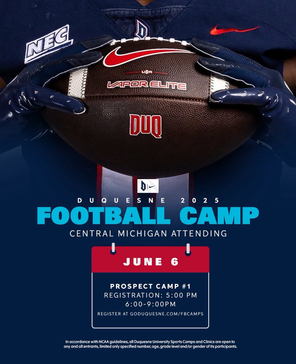 I will be <a href="/DuqFB/">Duquesne Football</a> for camp #1!! Excited to show out and compete‼️
<a href="/pitt75panther/">Matt Morgan</a> <a href="/ajs909/">AJ</a> <a href="/PlumMustangNat/">PlumMustangNation</a> <a href="/PlumAthletics/">Plum Athletics</a> <a href="/gamasportstrai1/">gamasportstraining</a> <a href="/AthleticTraumaU/">Chris Steel Edmonds</a>