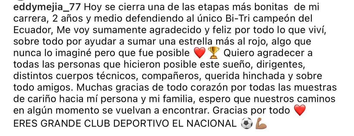 Palabras de despedida del exjugador del Club Deportivo El Nacional, Eddy Mejía. 

#ElNacional2025