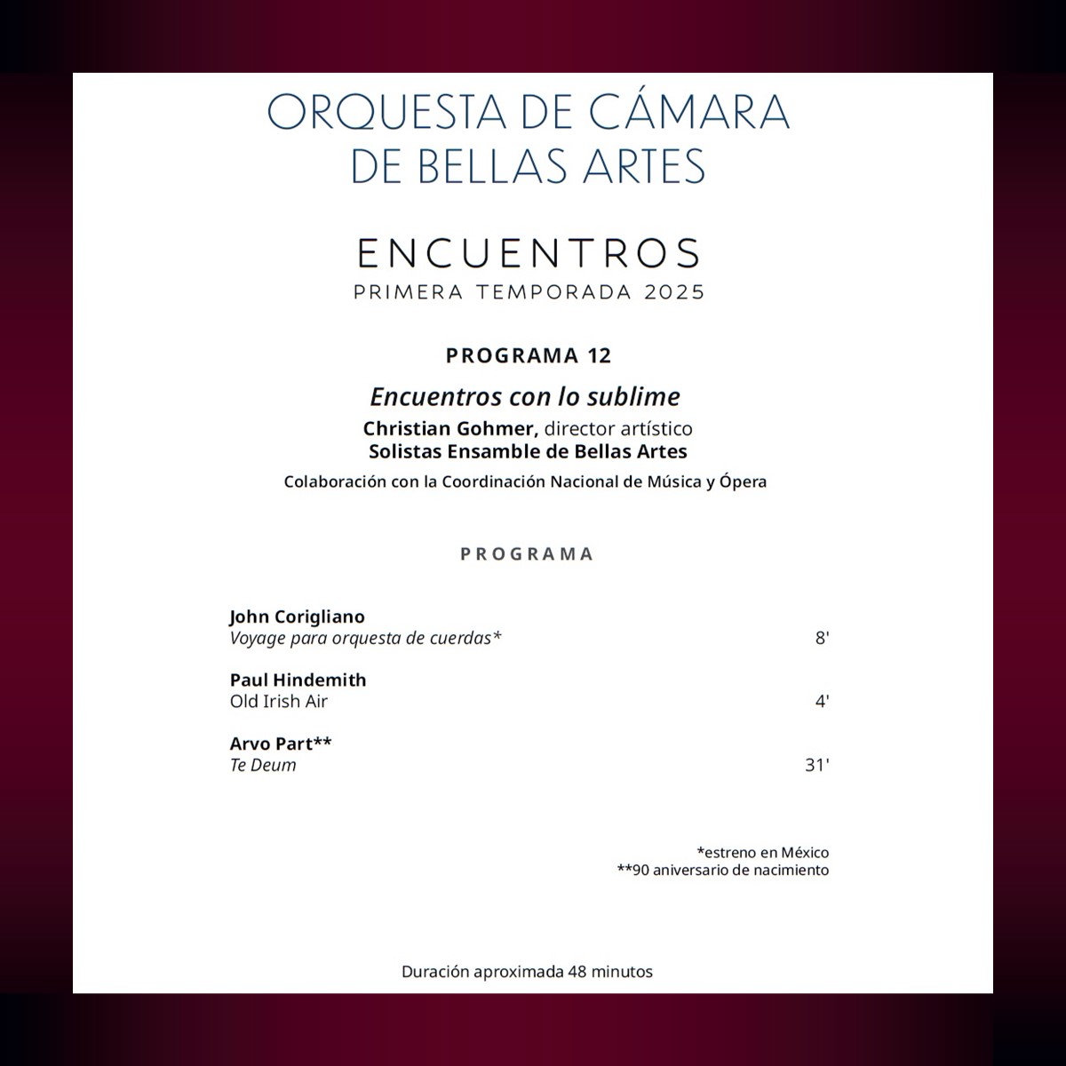 ✨Repetición del #Programa12, Encuentros con lo sublime✨

Te esperamos en el Pabellón del <a href="/jardinescenico/">jardinescenico</a>, a las 12 h.

<a href="/ChristianGohmer/">Christian Gohmer</a>, #DirectorHuésped
Solistas Ensamble de Bellas Artes

Concierto en colaboración con <a href="/MusicaINBAL/">MúsicaINBAL</a>

✔️Entrada libre