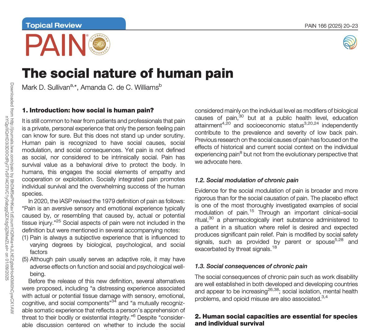 Sociedad Española del Dolor #SEDolor25 (@sedolor) on Twitter photo 🈴The social nature of human pain
Sullivan, Mark D.a,*; de C Williams, Amanda C.b
PAIN 166(1):p 20-23, January 2025. | DOI: 10.1097/j.pain.0000000000003250
f.mtr.cool/dchqytdmvl en
<a href="/PAINthejournal/">PAIN Journal</a>
🚀Artículo relacionado con el #GlobalYear2025 #DíaMundialDolor PAIN 2025 🈴The social nature of human pain
Sullivan, Mark D.a,*; de C Williams, Amanda C.b
PAIN 166(1):p 20-23, January 2025. | DOI: 10.1097/j.pain.0000000000003250
f.mtr.cool/dchqytdmvl en
<a href="/PAINthejournal/">PAIN Journal</a>
🚀Artículo relacionado con el #GlobalYear2025 #DíaMundialDolor PAIN 2025