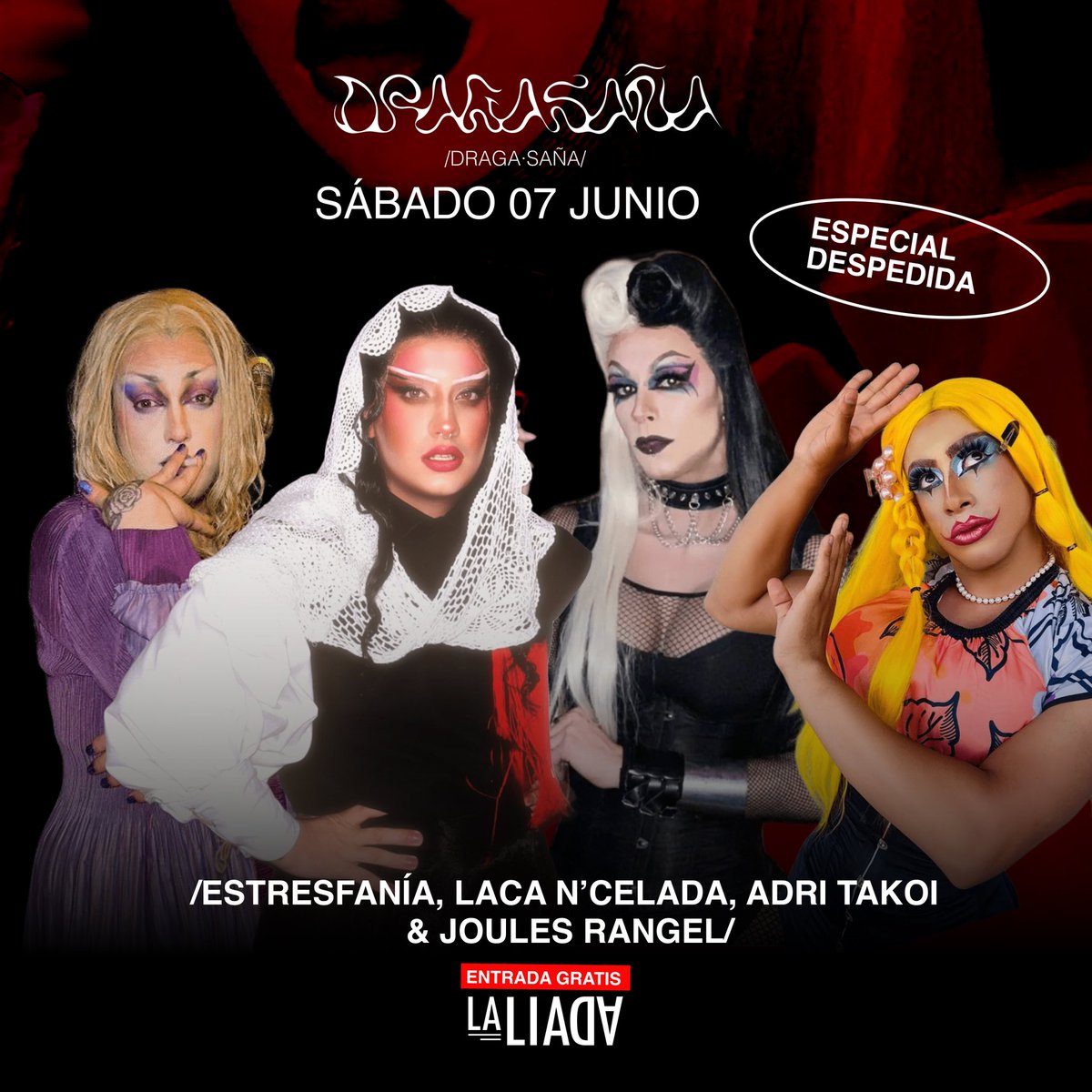 Último cartel por el cierre de La Liada. El SÁBADO 7 DE JUNIO: <a href="/laca_ncelada/">laca n'celada</a> <a href="/Juleslipa/">Joules</a> Estresfania y Adri Takoi. Decimos adiós a lo grande con corazón y alma del local. Os esperamos partir de las 22h 👋🏻