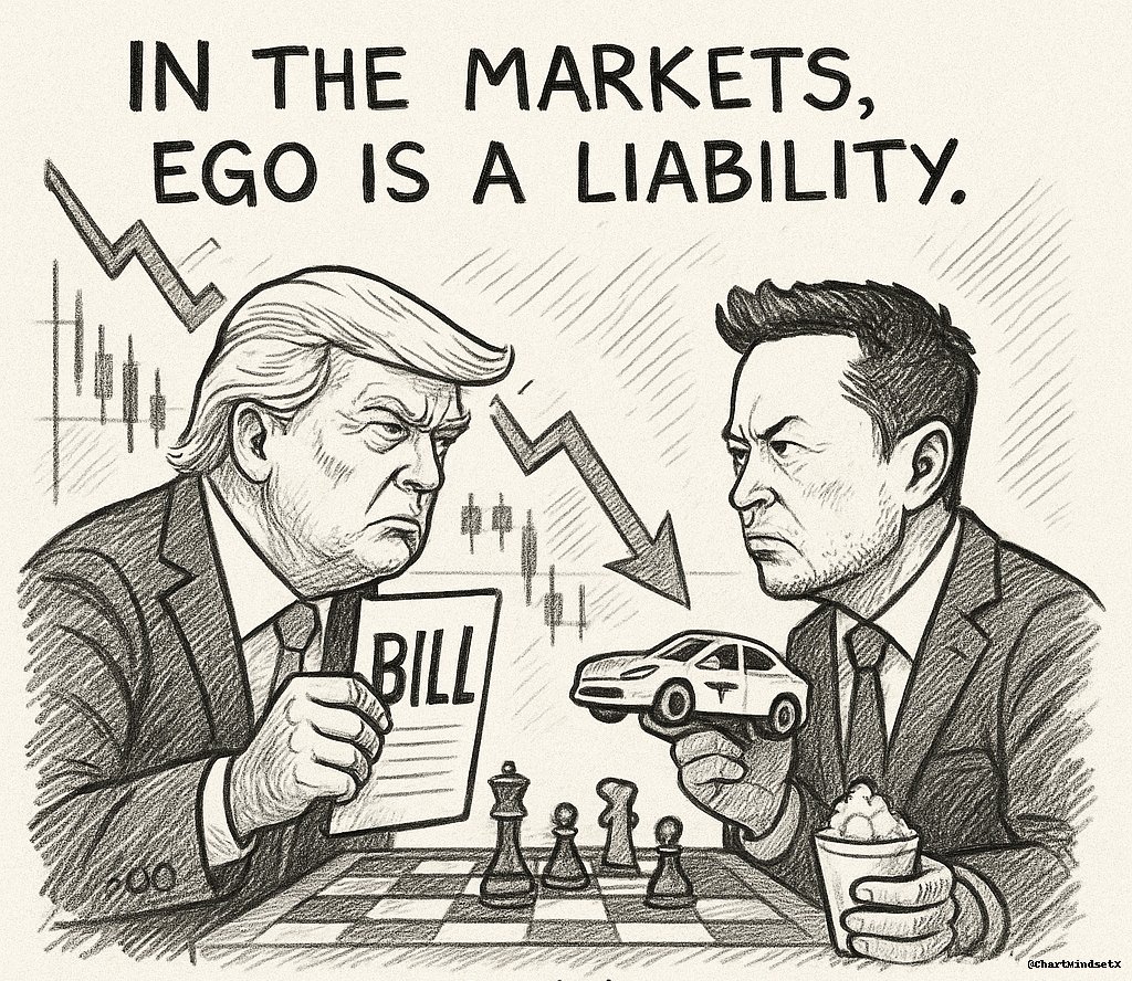 ChartMindsetX's tweet image. Trump held the bill.
Musk held the Tesla.
The market held… nothing.
$152B gone. One candle. One feud.
🧠 "In the markets, ego is a liability."
#ChartMindset #Tesla #TradingPsychology