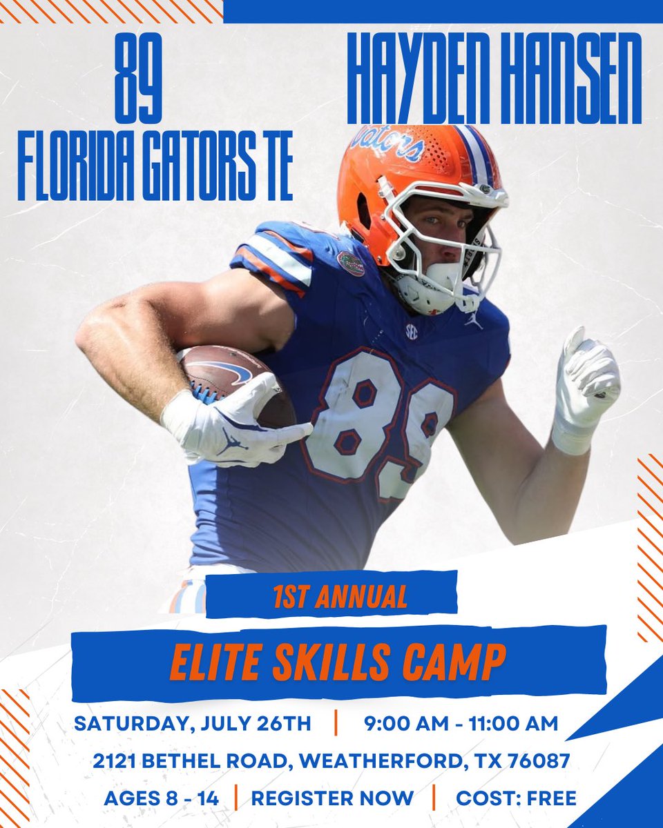 Excited to host my first annual FREE kids football camp! Mark your calendars for July 26th! Hit the link below to reserve your spot and I’ll see you there! 🐊

forms.gle/JYYACSA976MvK3…