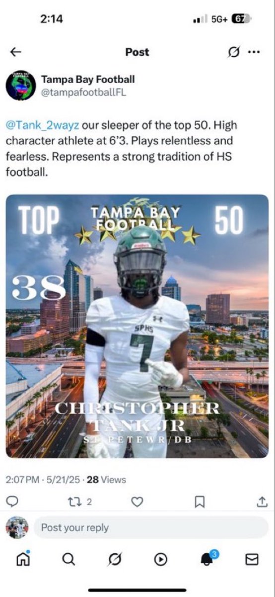 Coach Hemingway (@coach_hemingway) on Twitter photo 6’3 175 lbs DB <a href="/Tank_2wayz/">Christopher tank jr</a> good grades, good character, and great ATH. Breaking generational courses. In a <a href="/MyronRolle/">Myron Rolle, MD</a> type fraternity.
Check the 🎥 hudl.com/v/2RSREd
<a href="/HokiesFB/">Virginia Tech Football</a> <a href="/CoachdjCheetah/">Derek Jones</a> 6’3 175 lbs DB <a href="/Tank_2wayz/">Christopher tank jr</a> good grades, good character, and great ATH. Breaking generational courses. In a <a href="/MyronRolle/">Myron Rolle, MD</a> type fraternity.
Check the 🎥 hudl.com/v/2RSREd
<a href="/HokiesFB/">Virginia Tech Football</a> <a href="/CoachdjCheetah/">Derek Jones</a>