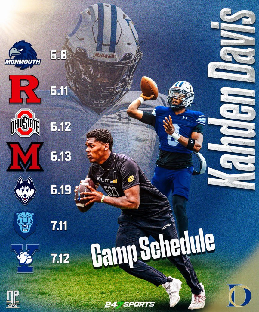 Kahden Davis 2027 QB (@kahdendavis) on Twitter photo Every opportunity to spin it is a blessing - looking forward to every chance to continue build relationships and play the game I love. 🫶🏾 #keepworking #campseason
<a href="/CoachCurcione/">Dan Curcione</a> <a href="/DCFBrecruits/">Donovan Catholic Football</a> <a href="/The_C0ach_Mac/">Coach Mac</a> <a href="/Mad_Qb/">Madei Williams 🔌</a> <a href="/adamgorney/">Adam Gorney</a> <a href="/ChadSimmons_/">ChadSimmons</a> <a href="/BobbyDeren/">Bobby Deren</a> <a href="/BrianDohn247/">BrianDohn247</a> <a href="/EdOBrienCFB/">EdOBrienCFB</a> Every opportunity to spin it is a blessing - looking forward to every chance to continue build relationships and play the game I love. 🫶🏾 #keepworking #campseason
<a href="/CoachCurcione/">Dan Curcione</a> <a href="/DCFBrecruits/">Donovan Catholic Football</a> <a href="/The_C0ach_Mac/">Coach Mac</a> <a href="/Mad_Qb/">Madei Williams 🔌</a> <a href="/adamgorney/">Adam Gorney</a> <a href="/ChadSimmons_/">ChadSimmons</a> <a href="/BobbyDeren/">Bobby Deren</a> <a href="/BrianDohn247/">BrianDohn247</a> <a href="/EdOBrienCFB/">EdOBrienCFB</a>