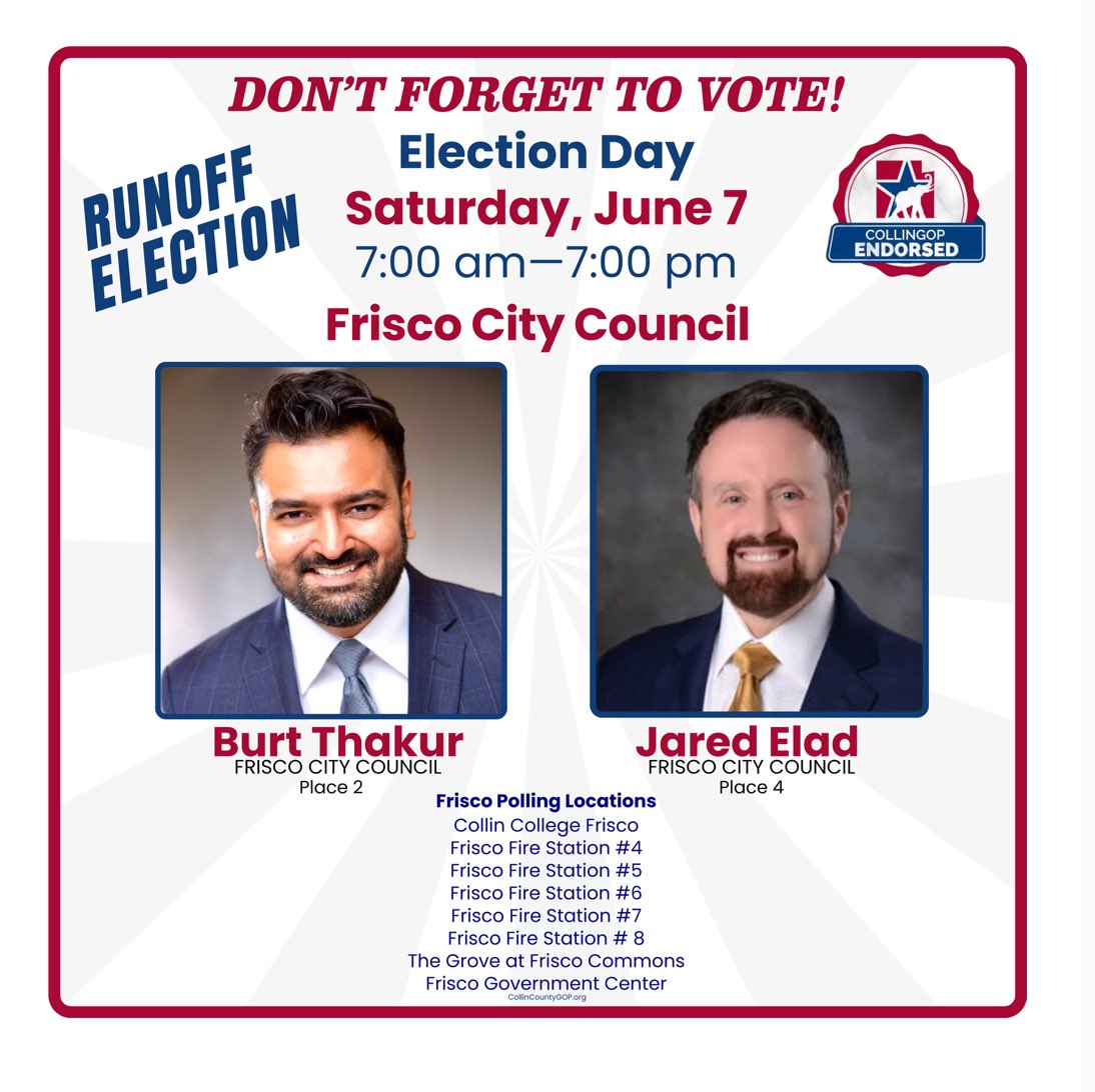 Kambree (@kamvtv) on Twitter photo Tomorrow is run-off election day in Frisco, Texas.
Get out and vote for ✅ <a href="/JaredForFrisco/">Jared Elad</a> (Jared Elad) for Frisco City Council
✅ <a href="/BurtThakurTX/">Burt Thakur</a> (Burt Thakur) for Frisco City Council Tomorrow is run-off election day in Frisco, Texas.
Get out and vote for ✅ <a href="/JaredForFrisco/">Jared Elad</a> (Jared Elad) for Frisco City Council
✅ <a href="/BurtThakurTX/">Burt Thakur</a> (Burt Thakur) for Frisco City Council