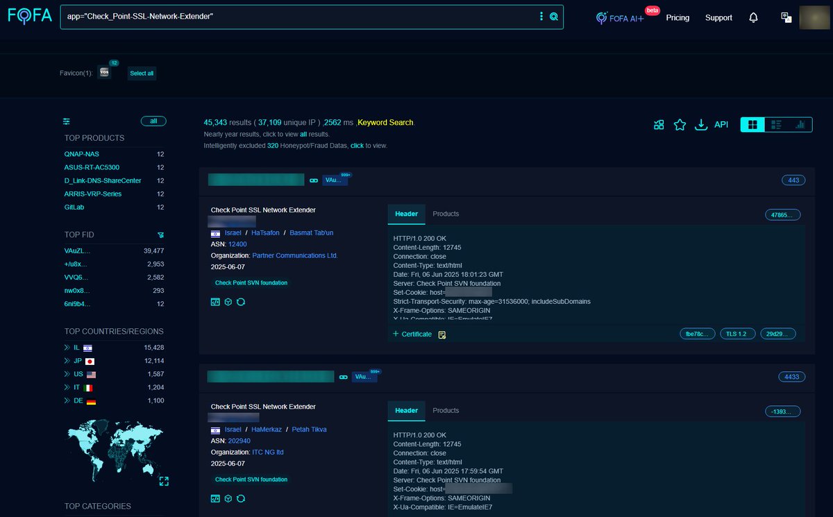 🚨CVE-2024-24919: Check Point Remote Access VPN vulnerability  

FOFA Link: en.fofa.info/result?qbase64…

FOFA Query 1: app="Check_Point-SSL-Network-Extender"

OR

FOFA Query 2: title="Check Point SSL Network Extender" 

Results: 45,343

Advisory: nvd.nist.gov/vuln/detail/cv…

PoC: