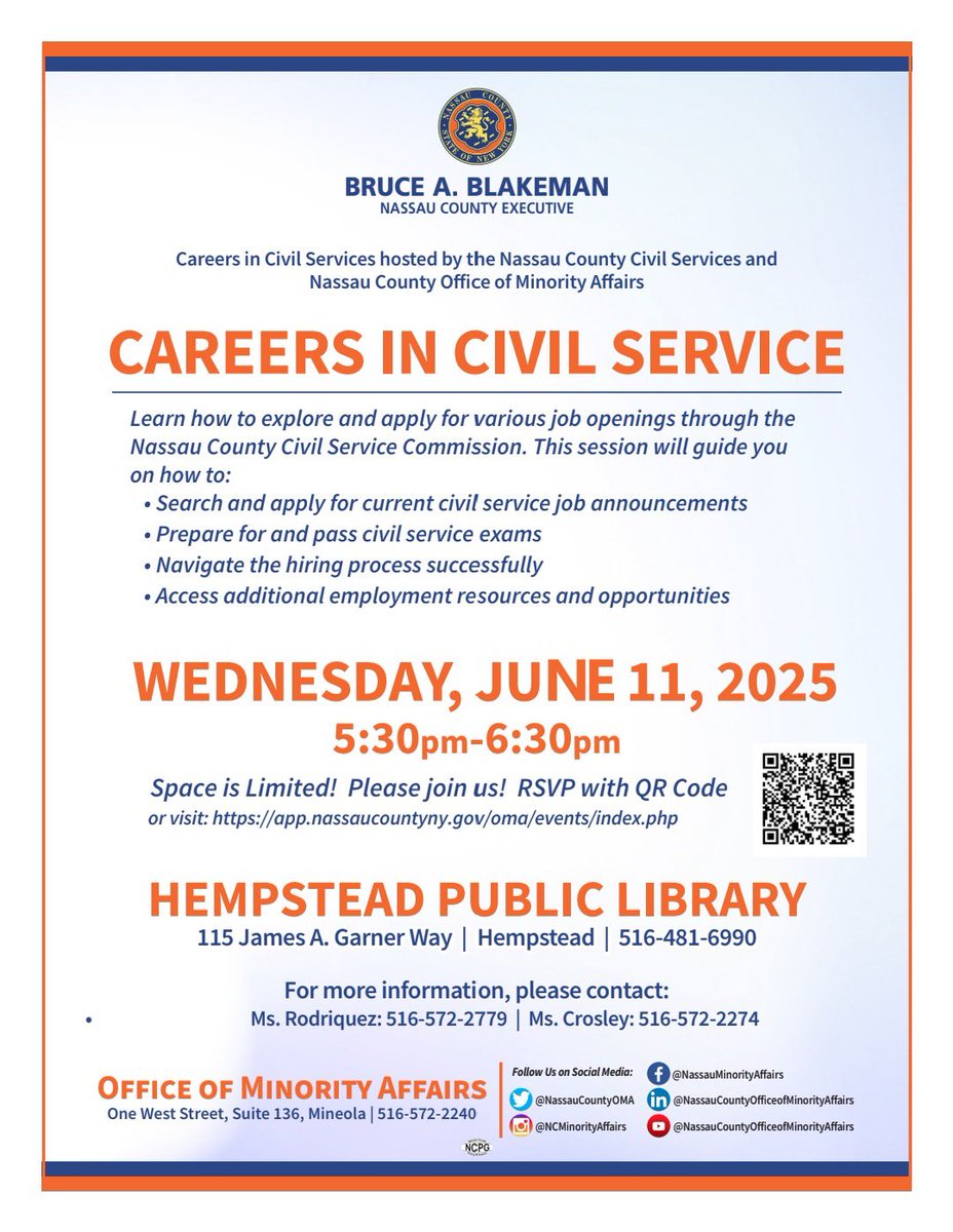 JOIN US on June 11th for a Careers in Civil Service seminar held in partnership with the Nassau County Civil Service Commission!

We will be exploring how to apply, prepare for, and access job announcements and exams in civil service!

Link to RSVP: app.nassaucountyny.gov/oma/events/ind…