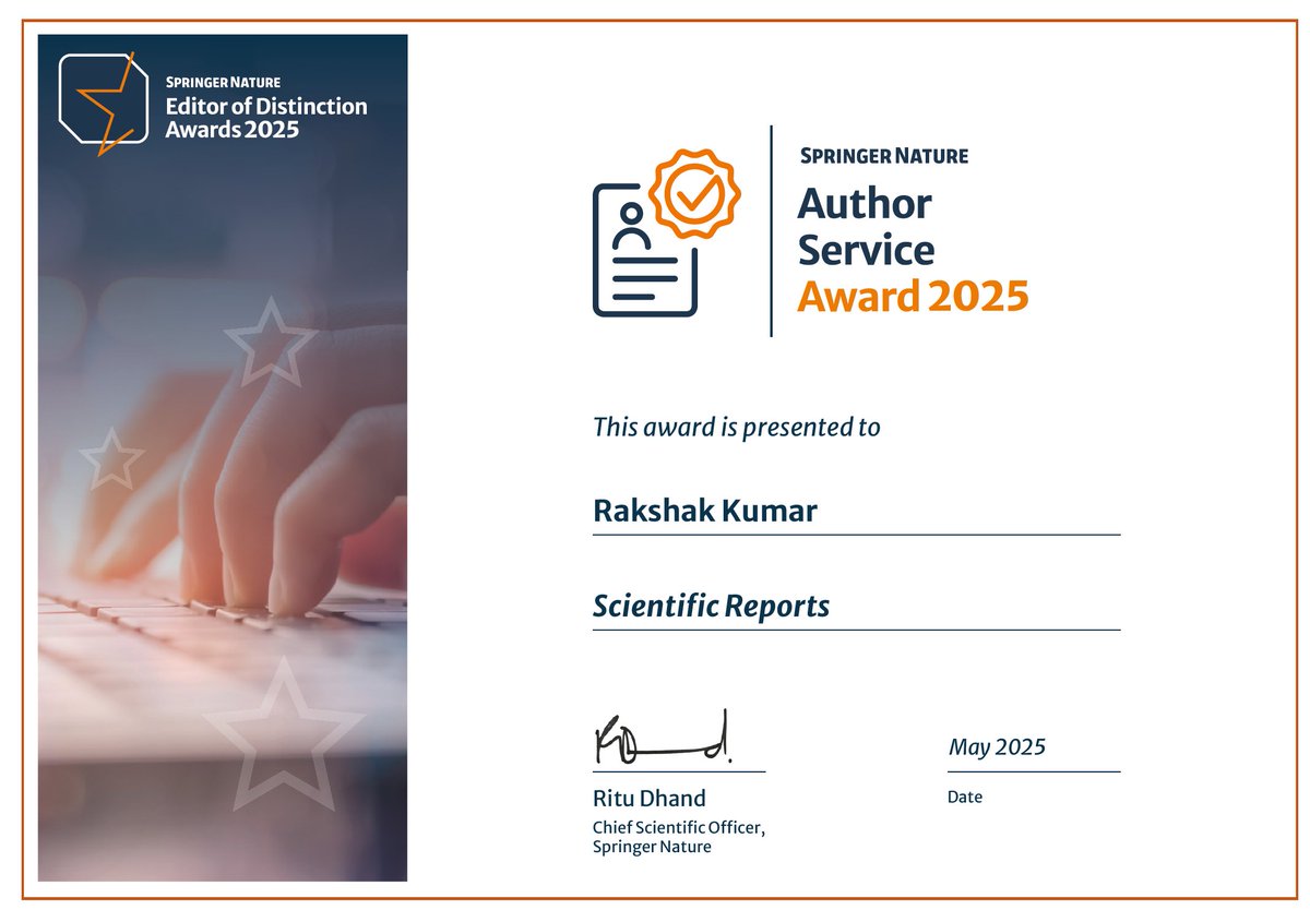 Rakshak Kumar Acharya (@rakshakkumar) on Twitter photo Honoured to receive the <a href="/SpringerNature/">Springer Nature</a> Editor of Distinction Award 2025 for Author Service. Behind every good paper is a fair and thoughtful review process. Editorial roles may be quiet, but they are vital in upholding quality, supporting authors, and advancing science. Honoured to receive the <a href="/SpringerNature/">Springer Nature</a> Editor of Distinction Award 2025 for Author Service. Behind every good paper is a fair and thoughtful review process. Editorial roles may be quiet, but they are vital in upholding quality, supporting authors, and advancing science.