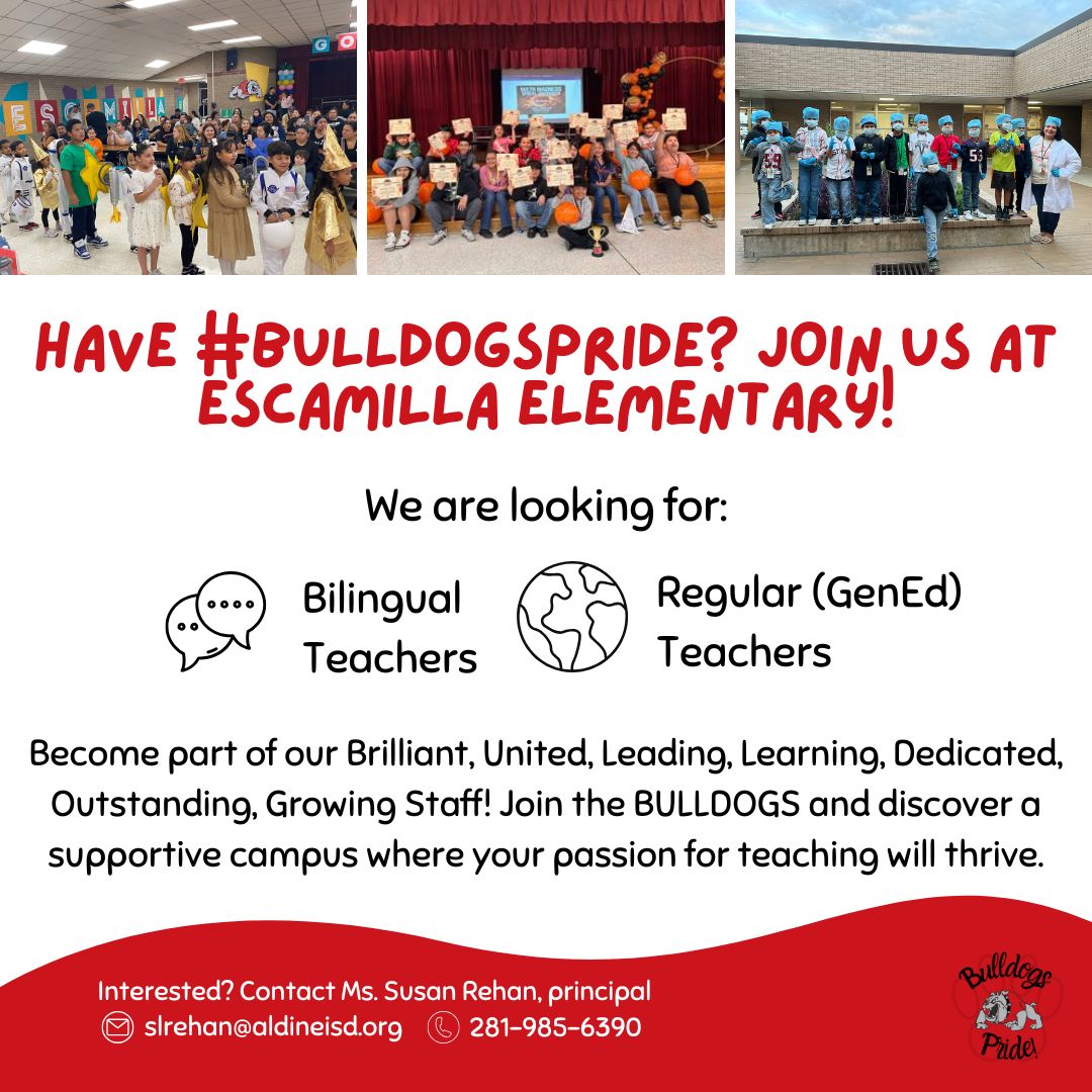 Escamilla Elementary School (@escamilla_aisd) on Twitter photo Calling all educators! 🎒 <a href="/Escamilla_AISD/">Escamilla Elementary School</a> (<a href="/AldineISD/">Aldine ISD</a>) has exciting teaching opportunities! Be a part of a dedicated team making an #AldineImpact & always having #BulldogsPride 🐾 (CC: <a href="/slrehan/">Susan Rehan</a>; @drfavy; <a href="/maty_orozco/">Dr. Matilda “Maty” Orozco</a>) Calling all educators! 🎒 <a href="/Escamilla_AISD/">Escamilla Elementary School</a> (<a href="/AldineISD/">Aldine ISD</a>) has exciting teaching opportunities! Be a part of a dedicated team making an #AldineImpact & always having #BulldogsPride 🐾 (CC: <a href="/slrehan/">Susan Rehan</a>; @drfavy; <a href="/maty_orozco/">Dr. Matilda “Maty” Orozco</a>)