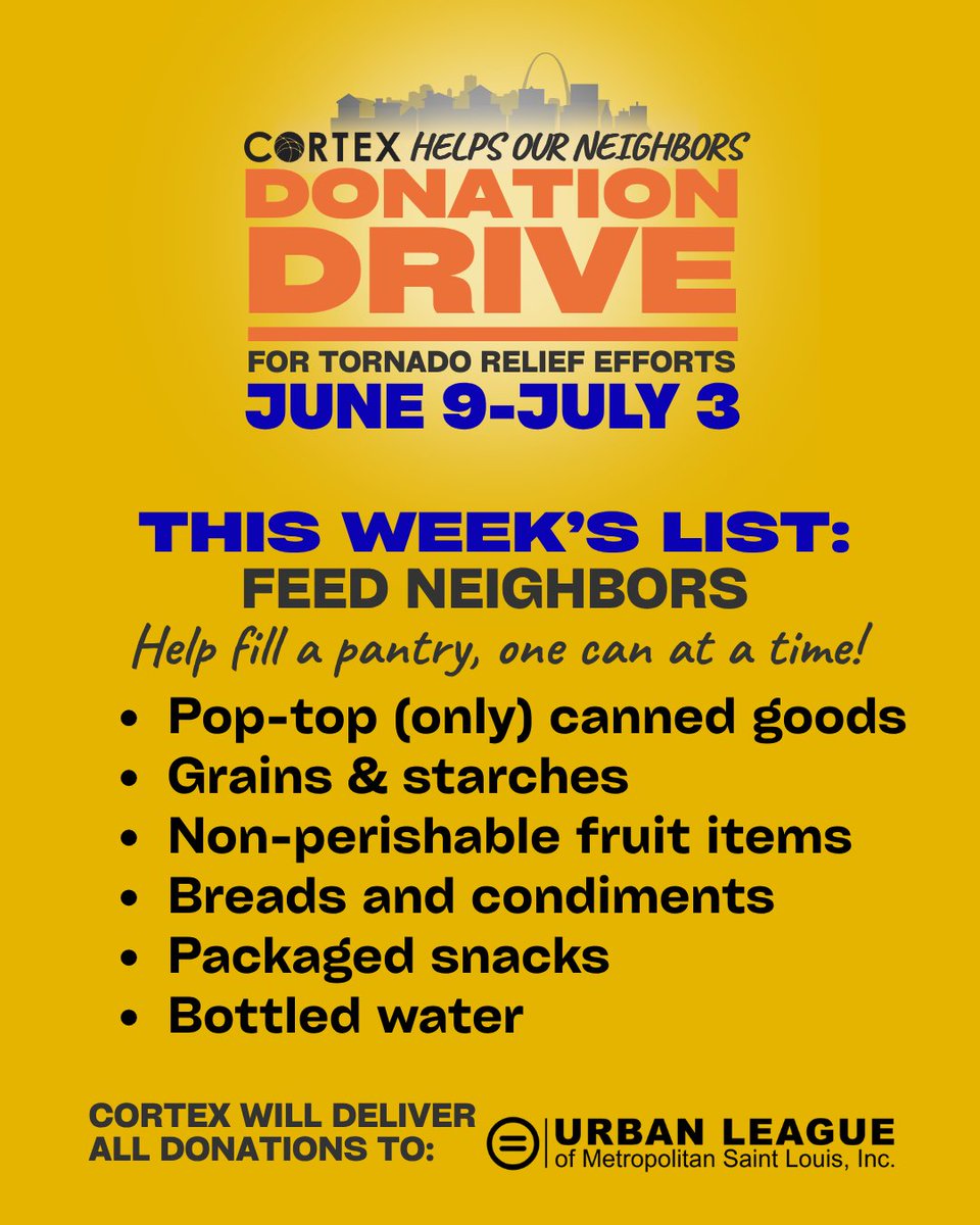 #CortexHelpsOurNeighbors After May's #CortexCleanUp in North STL City, Cortex is proud to continue helping meet the need. Partnering w/ <a href="/ulstl/">ulstl</a>, we are offering four dropoff locations across the District for donations. Please consider adding these items to your wknd shopping list!