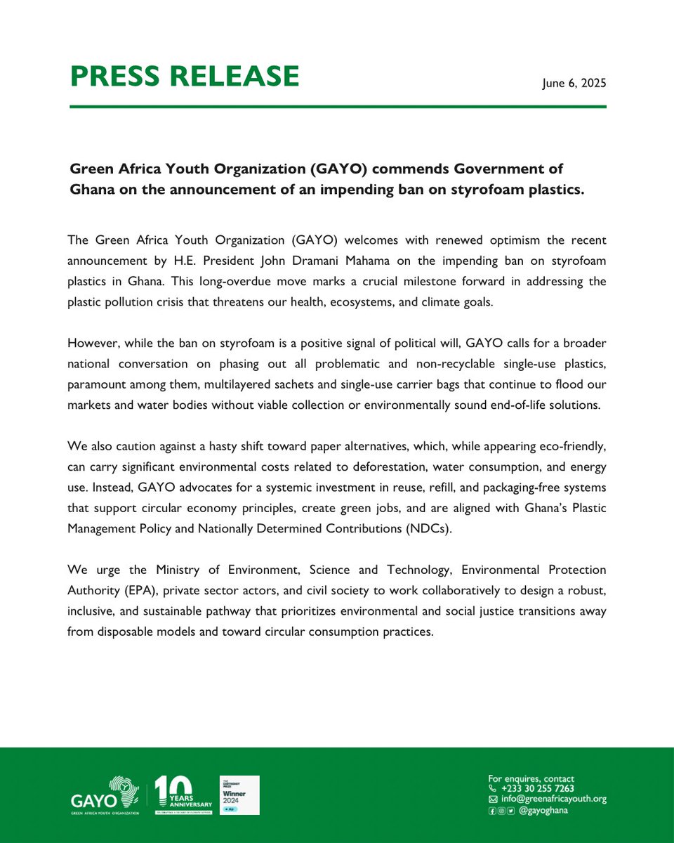 GAYO welcomes the impending ban of styrofoam in #Ghana, but we need more! Let’s phase out all non-recyclable plastics &amp; invest in reuse and circular solutions that truly protect our environment.

#BanStyrofoam #PlasticPollution #GreenGhana