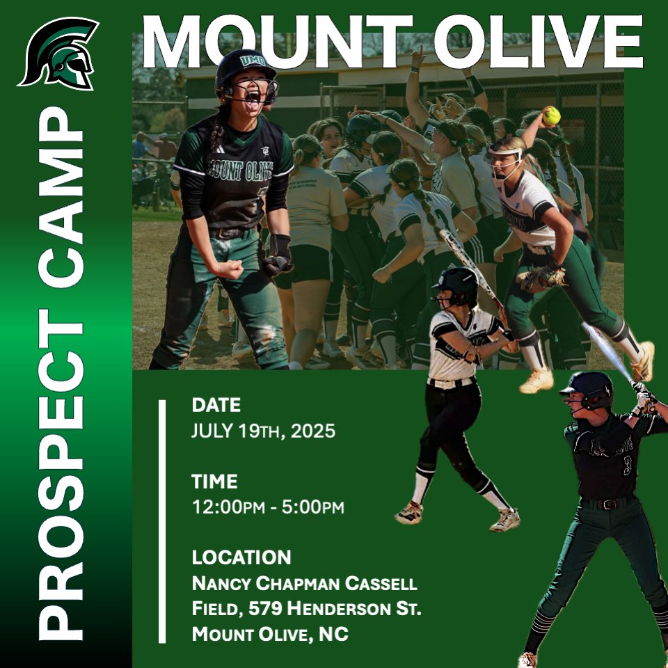 MOUNT OLIVE SOFTBALL PROSPECT CAMP ANNOUNCED!!!

DATE: JULY 19th, 2025
TIME: 12:00pm - 5:00pm
LOCATION: Nancy Chapman Cassell Field, 579 Henderson St. Mount Olive, NC

Register here today!
register.ryzer.com/camp.cfm?sport…

💚🖤🤍
#TrosOnThree