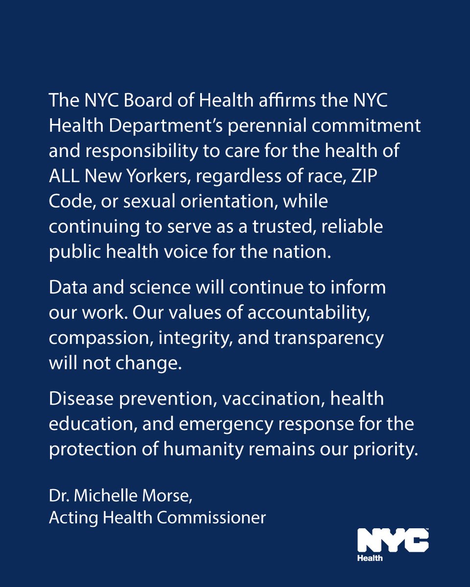 NYCHealthCommr's tweet photo. In light of federal disinvestment in public health that threatens the lives &amp; livelihoods of people nationwide, the NYC Board of Health affirms @nychealthy’s commitment to protecting &amp; defending the health of ALL NYers &amp; remains a trusted voice. Read: https://t.co/z4iBDY6CSv https://t.co/5Zj9Wj7gtg