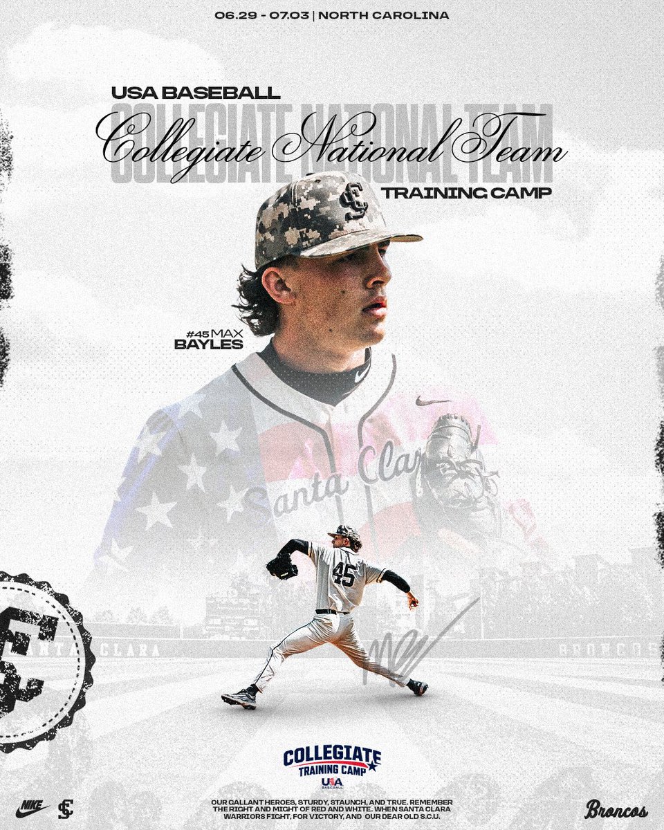 SCU_Baseball's tweet image. 𝑼𝑺𝑨 𝑩𝒂𝒔𝒆𝒃𝒂𝒍𝒍 𝑻𝒓𝒂𝒊𝒏𝒊𝒏𝒈 𝑪𝒂𝒎𝒑 𝑩𝑶𝑼𝑵𝑫 

Max Bayles is joining the BEST in the NATION at the USA Baseball Collegiate National Team training camp ‼️ 

📰 santaclarabroncos.com/news/2025/6/6/…

#StampedeTogether