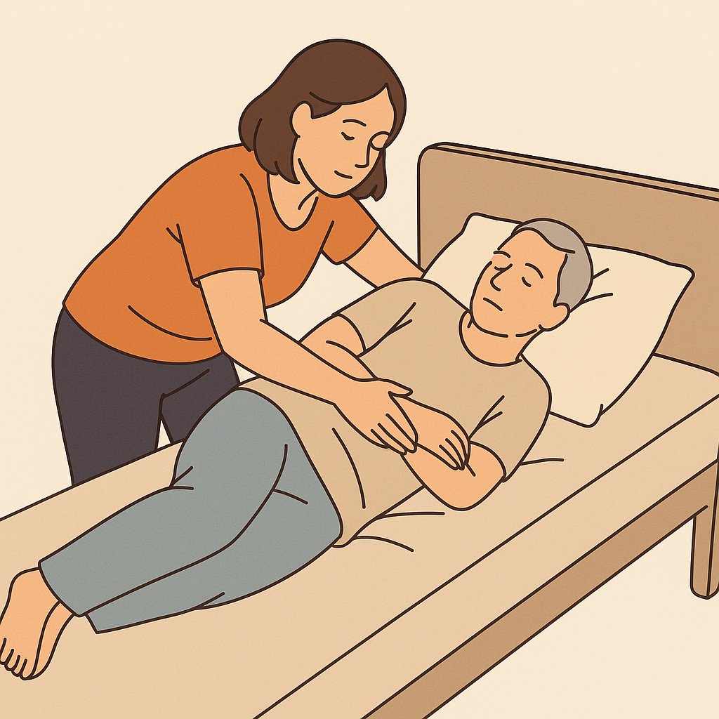 Técnica para girar al paciente en cama

Sirve para: cambiar sábanas, prevenir úlceras, poner una cuña.

Pasos básicos:
Acércate al borde de la cama desde donde vas a girarlo.
Dobla la pierna del lado contrario a donde girará (por ejemplo, si va a girar hacia la derecha, dobla su