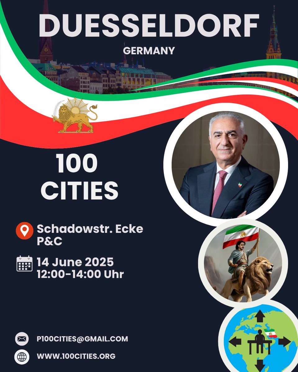 100 cities project (@p100cities) on Twitter photo PARIS, FRANCE 🇫🇷
COPENHAGEN, DENMARK 🇩🇰
PERTH, AUSTRALIA 🇦🇺
DUESSELDORF, GERMANY 🇩🇪
🚨 June 14, 2025 🚨
#صدشهر_یکصدا_شاهزاده_رضاپهلوی
برای پیوستن به پروژه صدشهر با ایمیل زیر در پیوند باشید:
p100cities@gmail.com
از سایت پروژه صد شهر بازدید بفرمایید: 100cities.org PARIS, FRANCE 🇫🇷
COPENHAGEN, DENMARK 🇩🇰
PERTH, AUSTRALIA 🇦🇺
DUESSELDORF, GERMANY 🇩🇪
🚨 June 14, 2025 🚨
#صدشهر_یکصدا_شاهزاده_رضاپهلوی
برای پیوستن به پروژه صدشهر با ایمیل زیر در پیوند باشید:
p100cities@gmail.com
از سایت پروژه صد شهر بازدید بفرمایید: 100cities.org