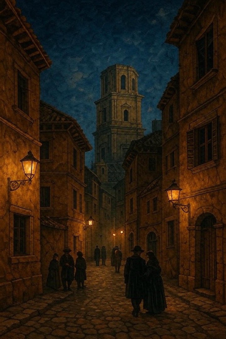 Atrévete, de mi mano, acompáñame y te desvelaré secretos de Murcia en 1684. La vida es un sueño fugaz, una chispa que muere. Quien sueña, no vive; quien vive, abraza la muerte. La ciudad, en penumbra, retumba con amores, peleas y misterios que la noche guarda eternamente.