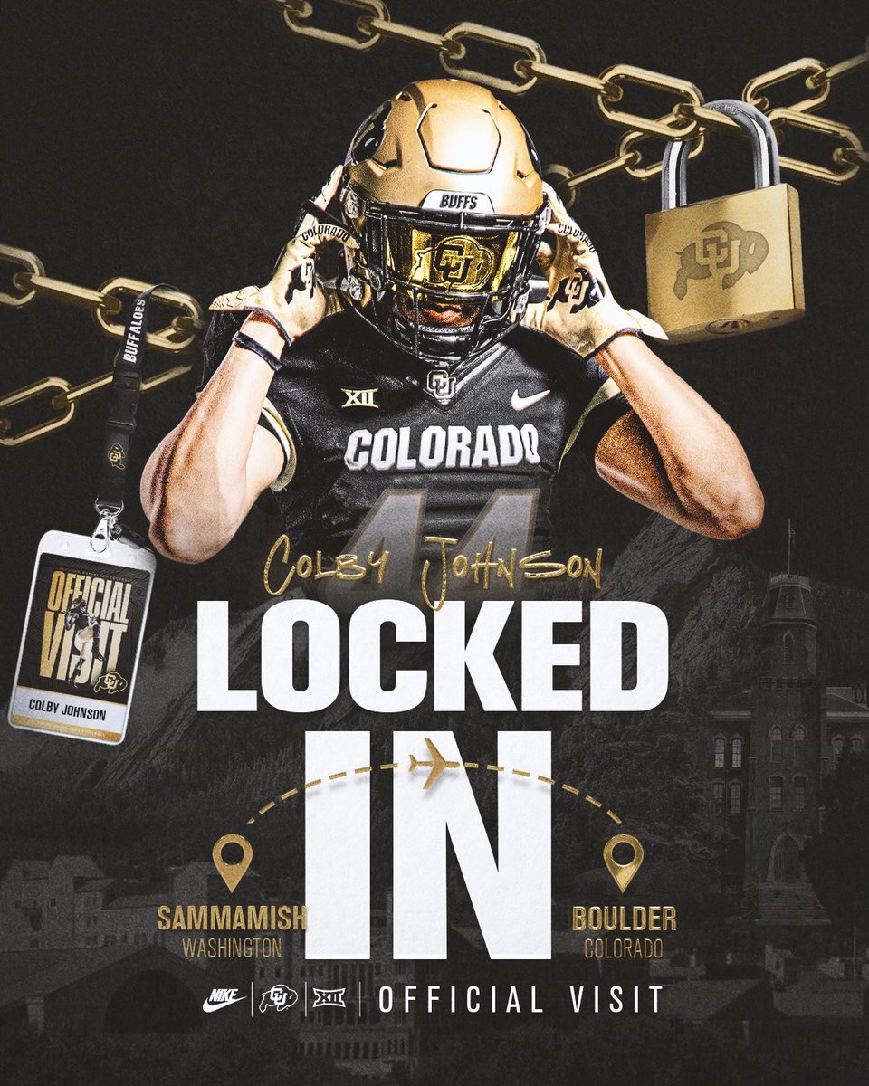 ColbyJohnson_26's tweet image. Can’t wait to get down to Boulder next weekend and build my relationships with the staff. Locked in for June 13th-15th.
@BrandonHuffman @adamgorney @TFordFSP @BlairAngulo @BDPRecruiting @JordanJ_ @CoachGHerd @NickFarman55 @PrepRedzoneWA @DeionSanders @CoachHartCU