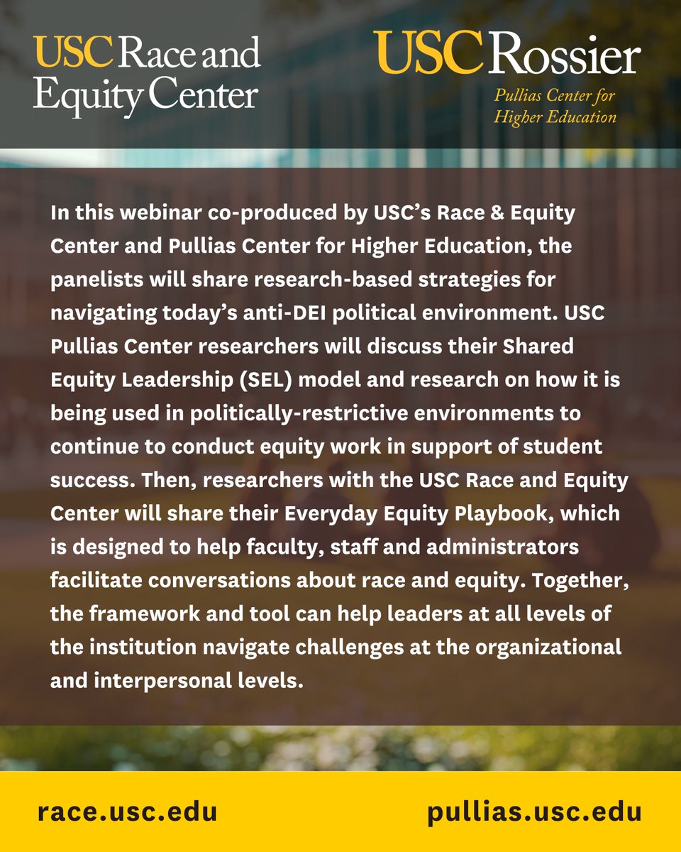 USCRaceEquity's tweet image. 🎓 Equity work in higher ed is under attack. Ready to lead with impact?

Join @USCRaceEquity + @uscpulliascenter for a powerful webinar on navigating today’s climate w/ the Shared Equity Leadership model + Everyday Equity Playbook.

🗓 June 11 | 11AM PT
🔗 uscrec.info/campus-webinar