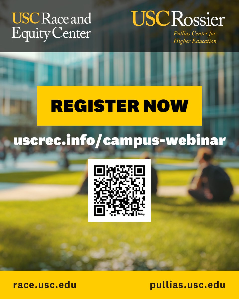USCRaceEquity's tweet image. 🎓 Equity work in higher ed is under attack. Ready to lead with impact?

Join @USCRaceEquity + @uscpulliascenter for a powerful webinar on navigating today’s climate w/ the Shared Equity Leadership model + Everyday Equity Playbook.

🗓 June 11 | 11AM PT
🔗 uscrec.info/campus-webinar