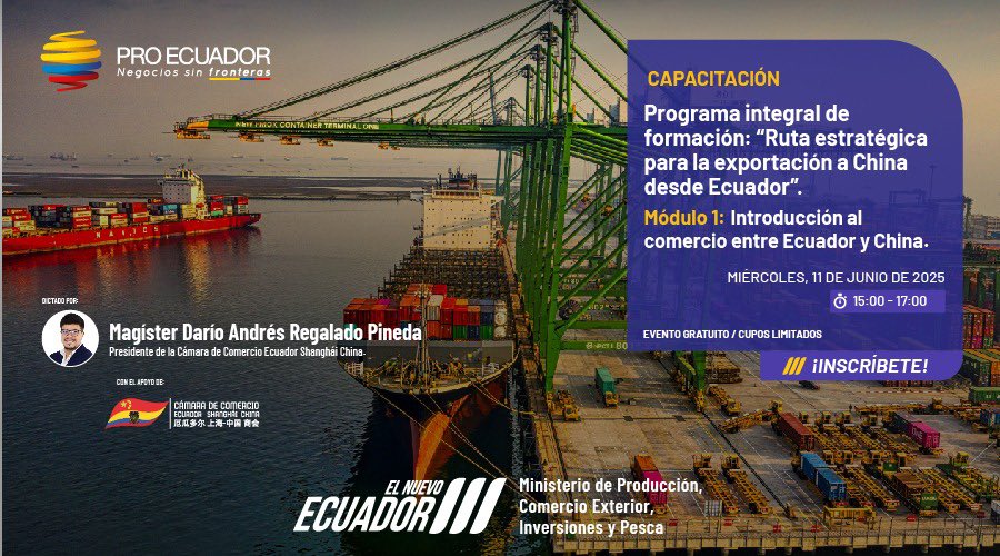 PRO ECUADOR (@proecuador_) on Twitter photo ¿Quieres expandir tus negocios hacia China? 🇪🇨🇨🇳 Descubre las claves del comercio bilateral, productos destacados y oportunidades del mercado chino en esta capacitación.
¡No te lo pierdas! 
Inscríbete aquí 👉 bit.ly/3ZUWZ8S 
#FormandoExportadores👨🏻🏫 ¿Quieres expandir tus negocios hacia China? 🇪🇨🇨🇳 Descubre las claves del comercio bilateral, productos destacados y oportunidades del mercado chino en esta capacitación.
¡No te lo pierdas! 
Inscríbete aquí 👉 bit.ly/3ZUWZ8S 
#FormandoExportadores👨🏻🏫