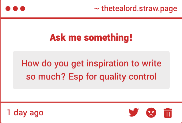 thetealord's tweet photo. Tricky question hmm... I've been writing for probably 30 years and specifically training in the craft for 15 or so. Because of that, I naturally write very fast and have a lot of ideas. I also have a solid writing and editing process I use every time. It's all training! #askjam https://t.co/EzFTDfZqfO