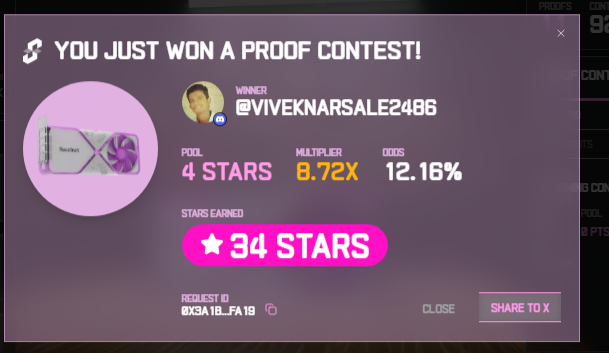 I just won 34 stars in the Succinct Stage 2 Proof Contest! Prove with us <a href="/SuccinctLabs/">Succinct</a> #ProveWithUs