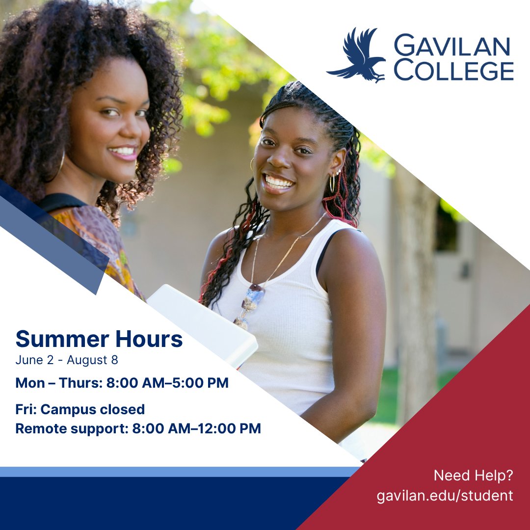 Summer Hours Reminder:
Gavilan College will be open for in-person services Monday–Thursday, 8 AM–5 PM.
On Fridays (June 2–August 8), the campus is closed—but remote support is available from 8 AM to 12 PM.

Plan ahead and visit: gavilan.edu/student