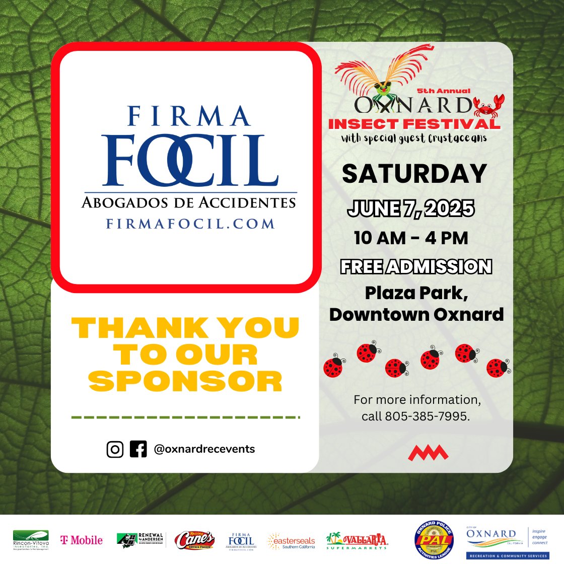 OxnardRecEvents's tweet image. We’re proud to announce Focil Law as an official sponsor of the 2025 Oxnard Insect Festival!

Dedicated to protecting and empowering our community, Focil Law brings that same passion to supporting local events that educate, inspire, and connect.