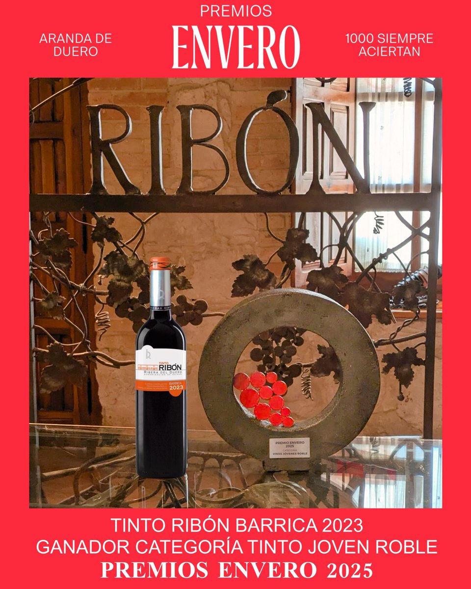 Muy contentos de informar que Tinto Ribón Barrica 2023 ha sido galardonado como mejor vino en la categoría de TINTO JOVEN ROBLE en los premios Envero 2025, concurso exclusivo para vinos de Ribera del Duero.

<a href="/PremiosEnvero/">Premios Envero</a> 
<a href="/DORibera/">Ribera Del Duero</a>