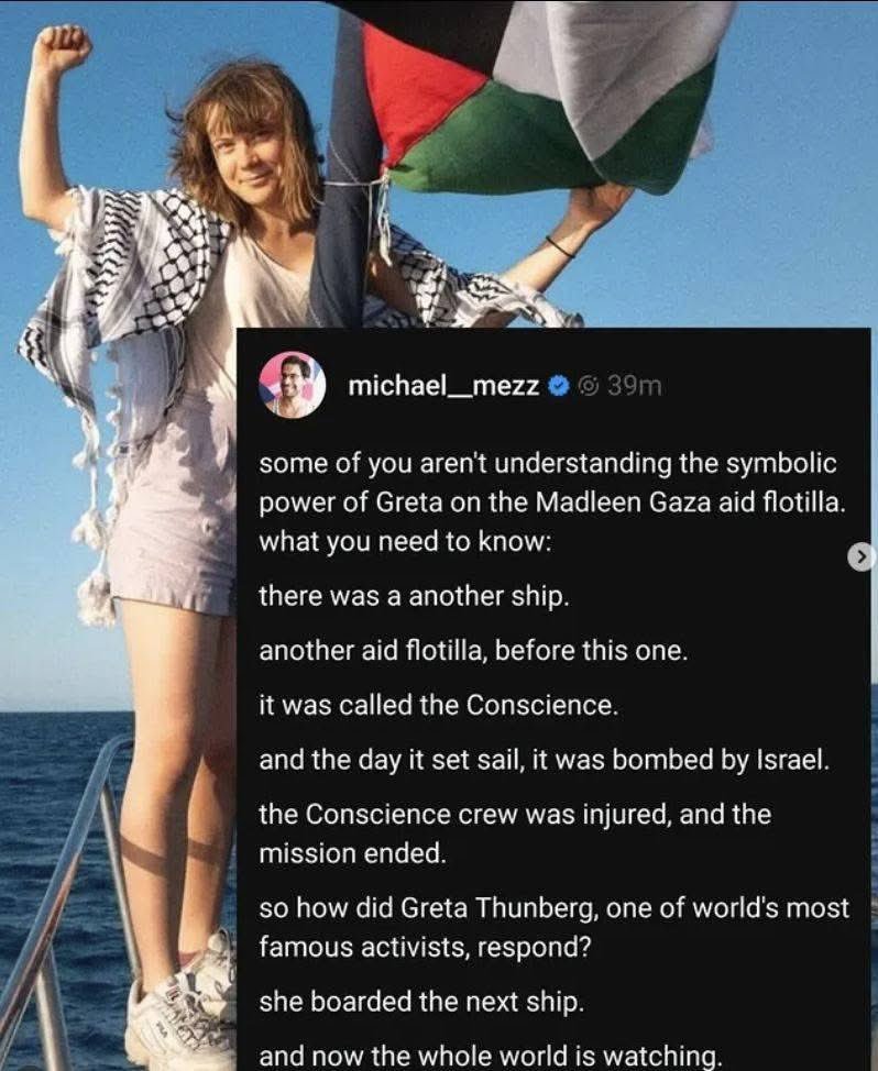 <a href="/KNEECAPCEOL/">KNEECAP</a> The #Madleen is on her way to Gaza — expected to arrive in about 48 hours. These next hours are critical. Your voice is their protection. Let Israel know: the world is watching. Your silence gives them cover. Don’t stay silent. 

#BreakTheSiege #AllEyesOnDeck #FreedomFlotilla