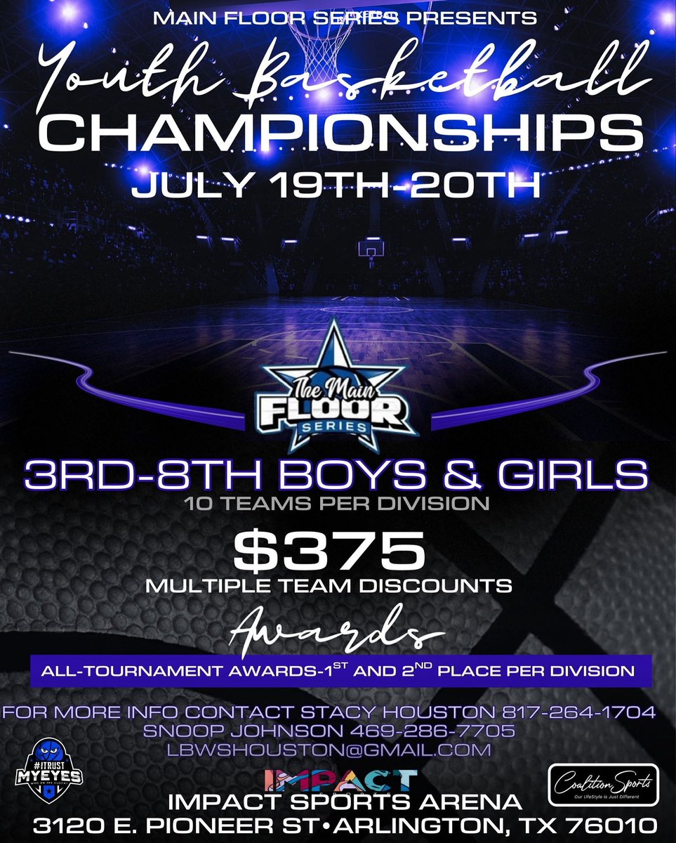 MainFloorSeries's tweet image. The stage is set for the first Youth Basketball Championship (YBC). The 6th, 7th or 8th grade divisions will be played with a :35 second shot clock. Looking for the next group of ⭐️’s to highlight. Don’t miss this event. #ITrustMyEyes
basketball.exposureevents.com/245387/e/regis…
