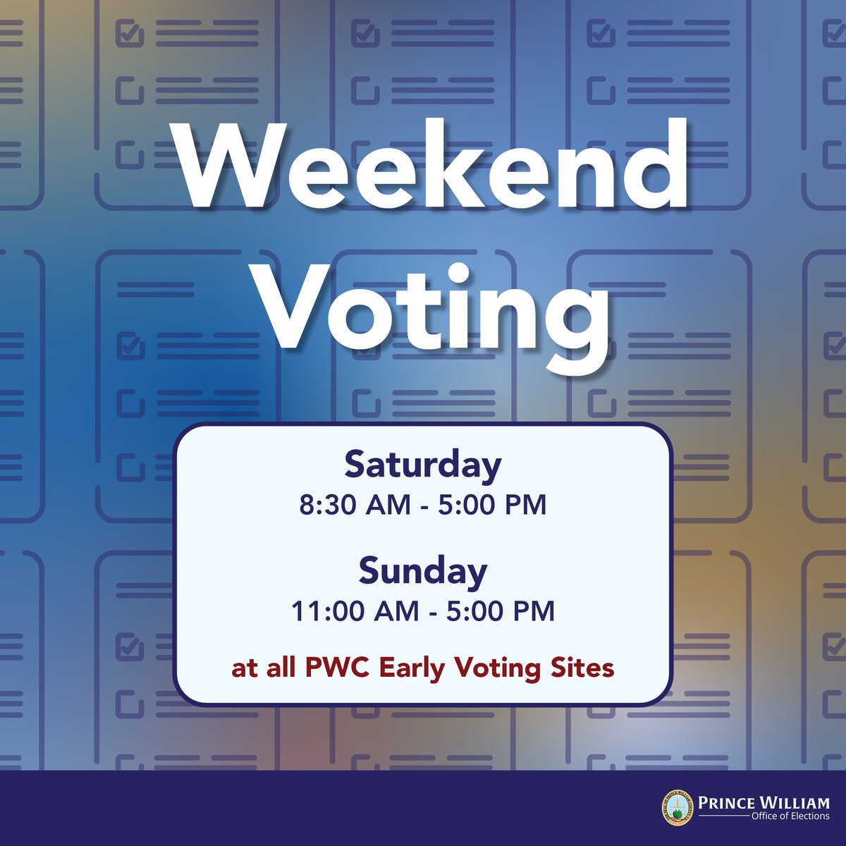 PWCVotes's tweet image. Need weekend plans? Come vote in the June 2025 Primary Election! All PWC early voting sites will be open both Saturday 6/7 and Sunday 6/8. Visit pwcvotes.org/earlyvoting for hours and locations.