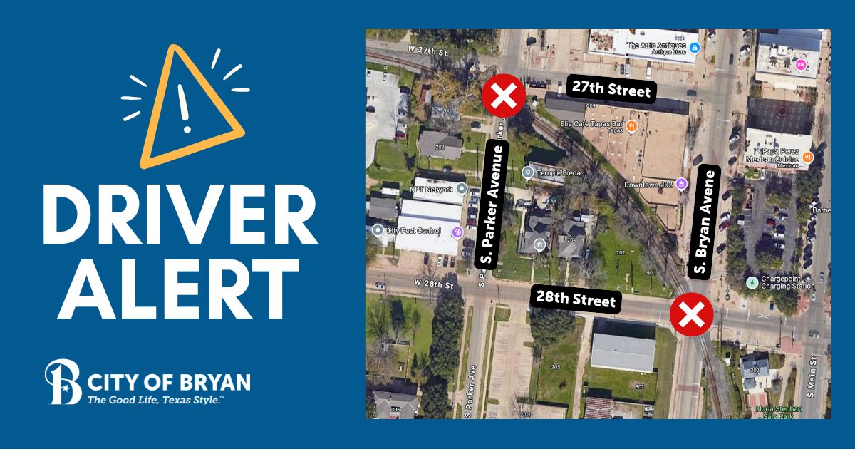 CityofBryan's tweet image. 🚧 Union Pacific’s contractor had to close two railroad crossings in Historic Downtown Bryan today (June 6) to perform necessary repairs. Work is expected to be completed by 5 p.m.
 
Closure locations:
• 27th Street at S. Parker Avenue
• 28th Street at S. Bryan Avenue

#BCSTX