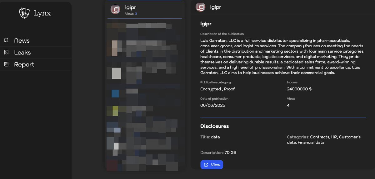 _venarixES_'s tweet image. El grupo #Lynx #ransomware afirma haber #hackeado a Luis Garratón, LLC (lgipr.com), con sede en #Bayamon, #PuertoRico 🇵🇷, ofrece servicios de distribución y logística, especializado en productos de atención médica y bienes de consumo... Este es el 2do. #ciberataque…