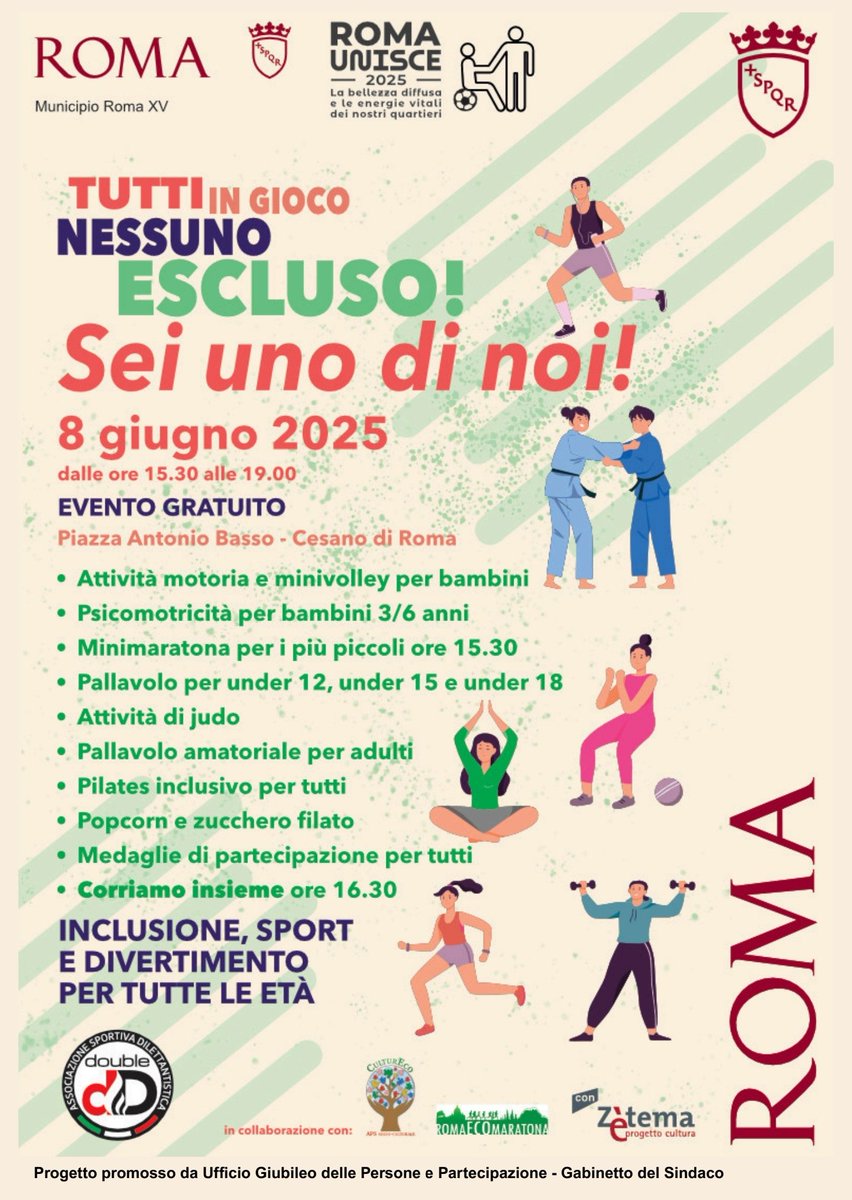 🤾‍♂️ Con "Tutti in gioco Nessuno escluso", l'evento di domenica 8 giugno organizzato dal Municipio Roma XV nel quartiere di Cesano, prendono avvio le iniziative finalizzate a promuovere cittadinanza e inclusione attraverso la pratica sportiva, previste in tutti e 15 i Municipi!