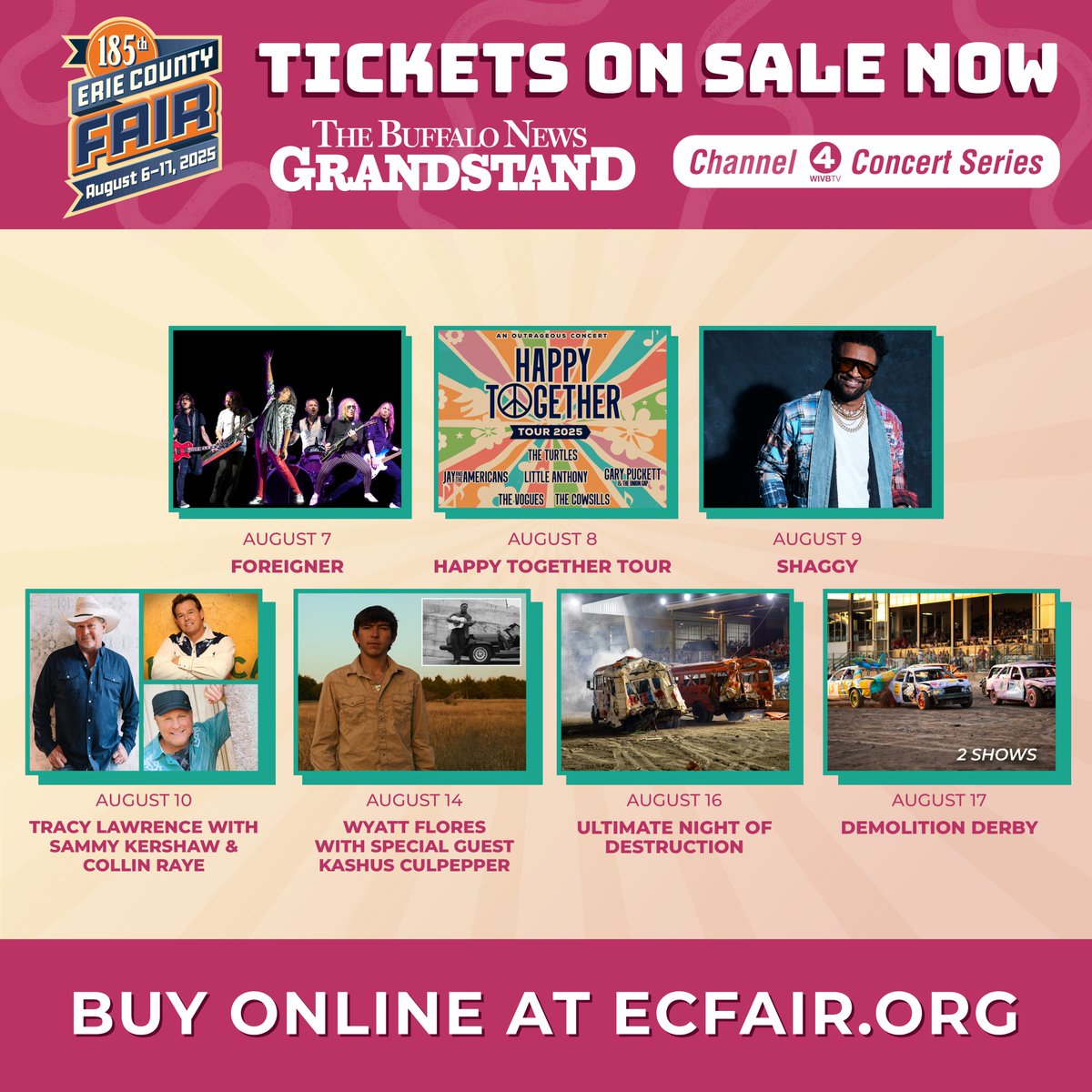 💥Tickets On Sale Now! Grab your tickets now for the best seats to the Channel 4 Concert Series at The Buffalo News Grandstand! Ticket includes admission to the Fair.
🎟️ecfair.org/p/tickets
